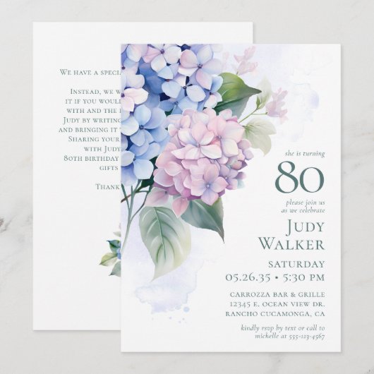Pink Blue Hydrangeas 80th Birthday Card Request Kaart (Voorkant / Achterkant)