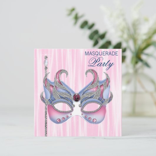 Pink Blue Masquerade Party Kaart (Staand voorkant)