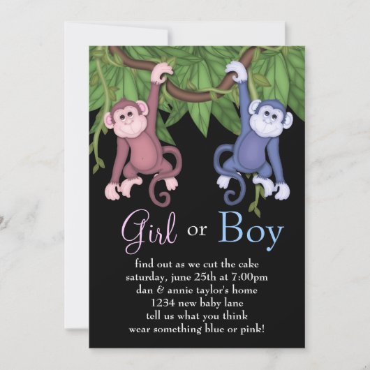 Pink Blue Monkey Gender Reveal Party Uitnodigingen (Voorkant)