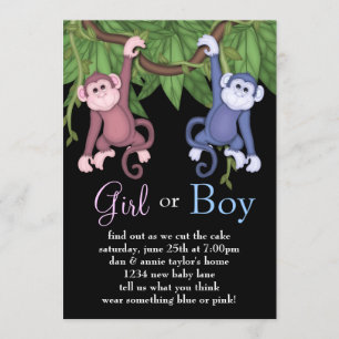 Pink Blue Monkey Gender Reveal Party Uitnodigingen