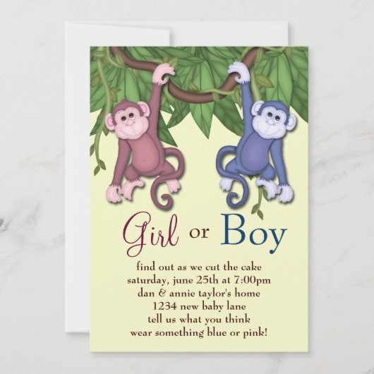 Pink Blue Monkey Gender Reveal Party Uitnodigingen (Voorkant)