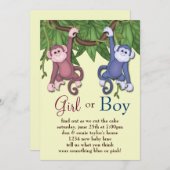 Pink Blue Monkey Gender Reveal Party Uitnodigingen (Voorkant / Achterkant)