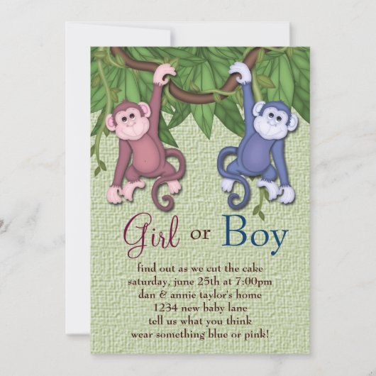Pink Blue Monkey Gender Reveal Party Uitnodigingen (Voorkant)