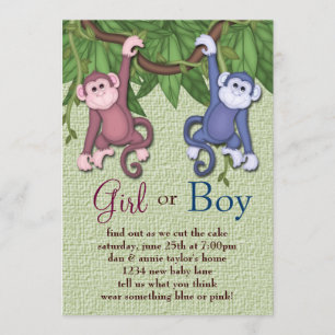 Pink Blue Monkey Gender Reveal Party Uitnodigingen
