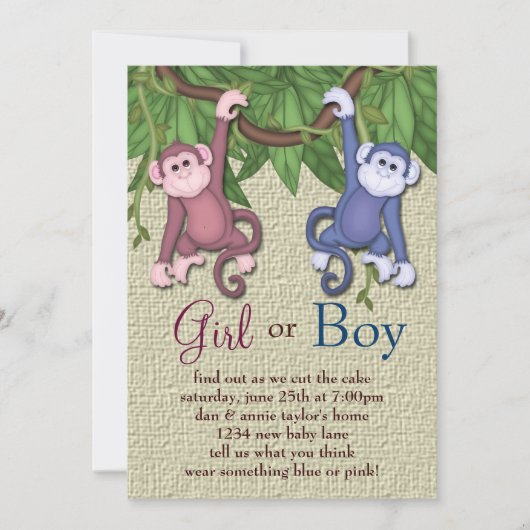 Pink Blue Monkey Gender Reveal Party Uitnodigingen (Voorkant)