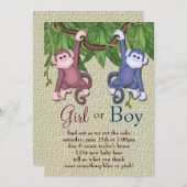 Pink Blue Monkey Gender Reveal Party Uitnodigingen (Voorkant / Achterkant)