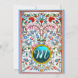 PINK BLUE ORIENTAL FLOWERS DAMASK GEM MONOGRAM KAART