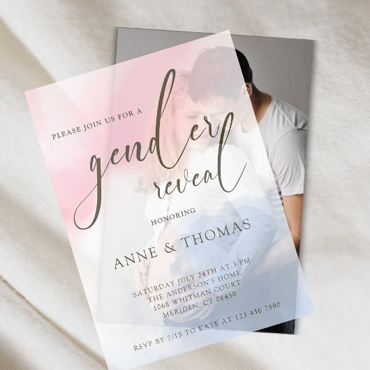 Pink Blue Pastel Gender Reveal Party Vellum Uitnodigingen