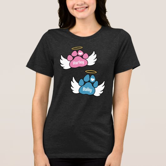 Pink & Blue Paws Angel Wings 2 Dogs Memorial Tri-Blend Shirt (Voorkant)