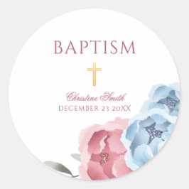 Pink Blue Peony Floral Boy Girl Baptisme Ronde Sticker