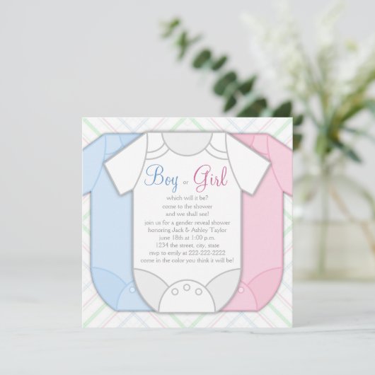 Pink Blue Plaid Geslacht Reveal Baby shower Kaart (Staand voorkant)