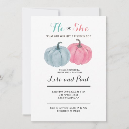 Pink Blue Pumpkins Hij of zij onthult geslacht Kaart (Voorkant)