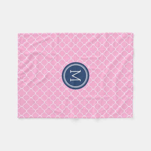 Pink Blue Quatrefoil Pattern Monogram Blanket Fleece Deken (Voorkant (Horizontaal))