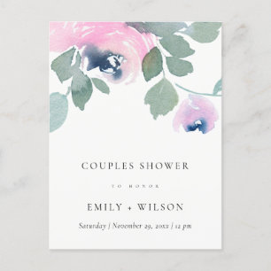 PINK BLUE ROOS WATERVERF FLORAL COUPLES SHOWER UITNODIGING BRIEFKAART