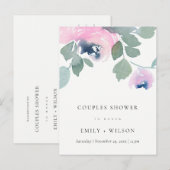 PINK BLUE ROOS WATERVERF FLORAL COUPLES SHOWER UITNODIGING BRIEFKAART (Voorkant / Achterkant)