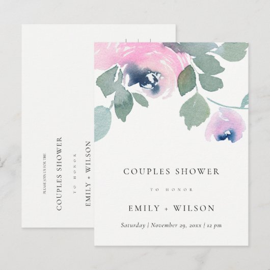 PINK BLUE ROOS WATERVERF FLORAL COUPLES SHOWER UITNODIGING BRIEFKAART (Voorkant / Achterkant)