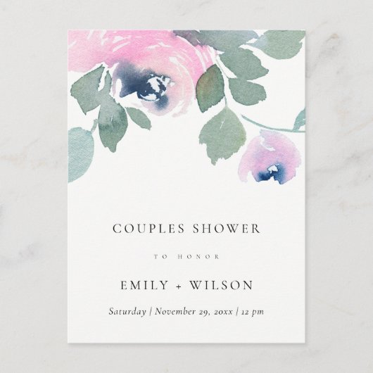 PINK BLUE ROOS WATERVERF FLORAL COUPLES SHOWER UITNODIGING BRIEFKAART (Voorkant)