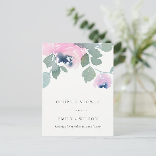 PINK BLUE ROOS WATERVERF FLORAL COUPLES SHOWER UITNODIGING BRIEFKAART (Staand voorkant)