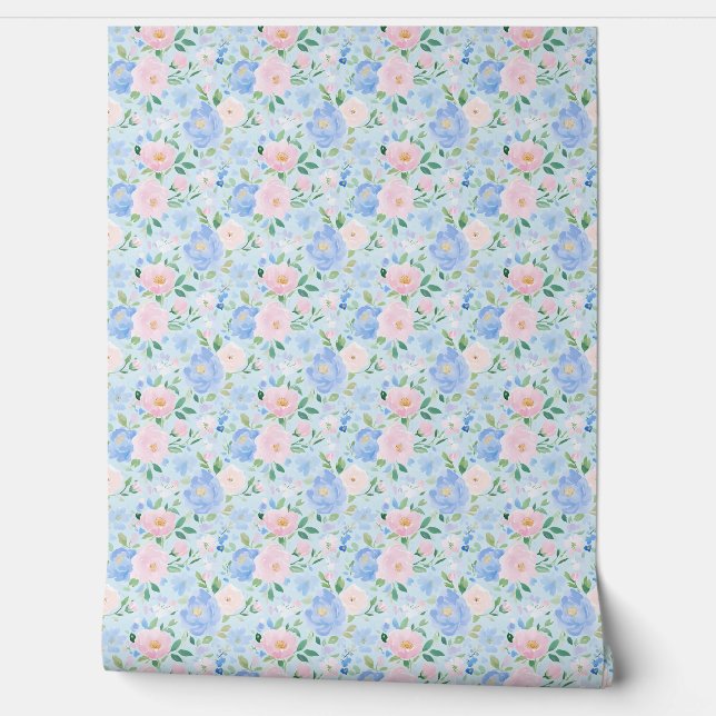 Pink Blue Roses Pastel Blue Behang (Afrollen)