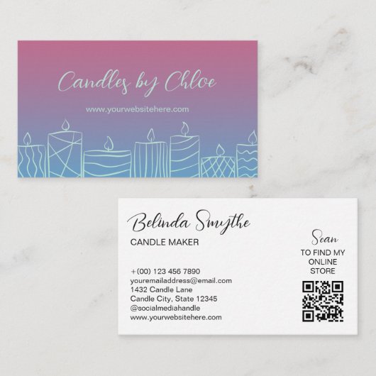 Pink & Blue Scribbled Candles Candle Maker QR Code Visitekaartje (Voorkant / Achterkant)