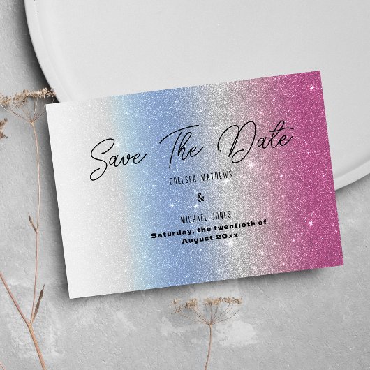 Pink blue silver ombre glam glitter Save The Date 