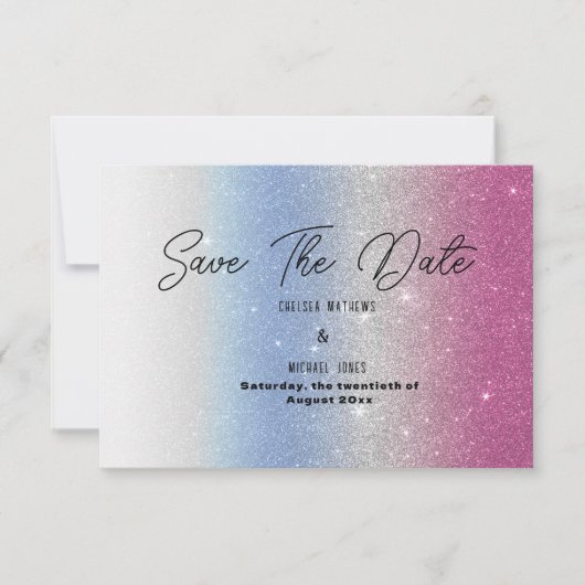 Pink blue silver ombre glam glitter Save The Date  (Voorkant)