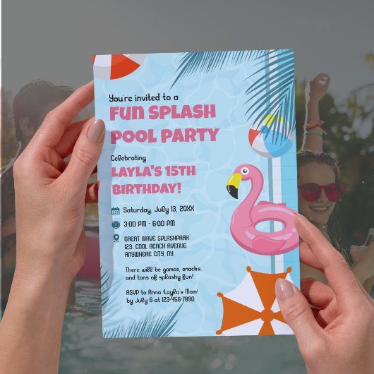 Pink & Blue Splash Pool Party Birthday Invitation Kaart