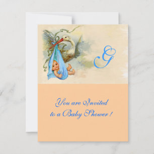 PINK BLUE STORK BABY SHOWER MONOGRAM KAART