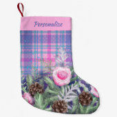 Pink Blue Tartan Roses Pinecones Personalized Kleine Kerstsok (Voorkant)