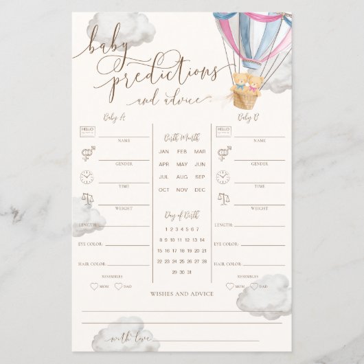 Pink Blue Teddy Bear Twins Baby Predictions Game (Voorkant)
