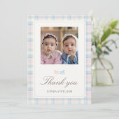 Pink blue Twins Beary First Birthday Bedankkaart (Staand voorkant)