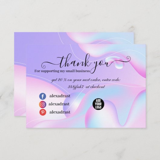 PINK & Blue Waterverf Holographic Design Beauty Bedankkaart (Voorkant / Achterkant)