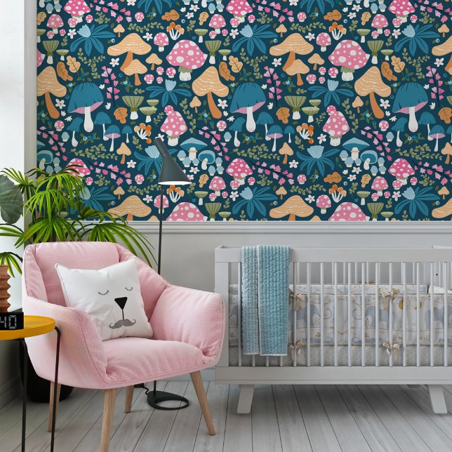 Pink Blue Whimsical Mushroom Pattern Nursery Behang (Creator heeft geüpload)