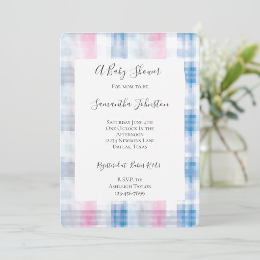 Pink Blue White Plaid Stripes Baby Shower Kaart (Staand voorkant)