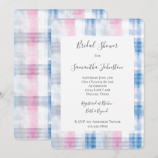 Pink Blue White Plaid Stripes Bridal Shower Kaart (Voorkant / Achterkant)