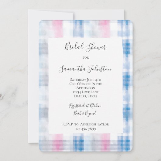 Pink Blue White Plaid Stripes Bridal Shower Kaart (Voorkant)