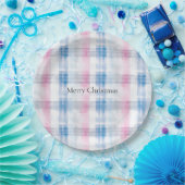 Pink Blue White Plaid Stripes Christmas Papieren Bordje (Feest)