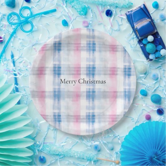 Pink Blue White Plaid Stripes Christmas Papieren Bordje (Feest)