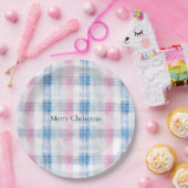 Pink Blue White Plaid Stripes Christmas Papieren Bordje (Feest)
