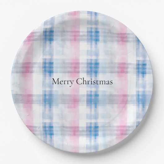 Pink Blue White Plaid Stripes Christmas Papieren Bordje (Voorkant)