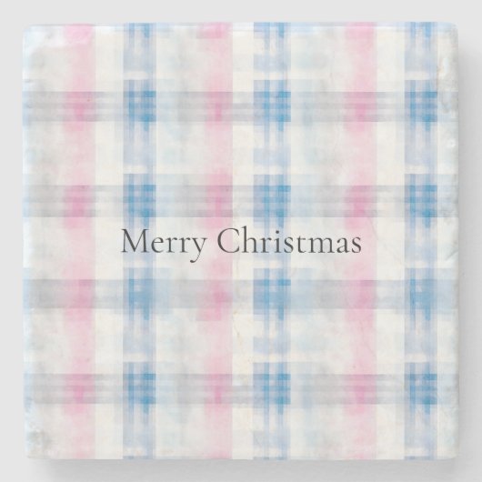 Pink Blue White Plaid Stripes Christmas Stenen Onderzetter (Voorkant)