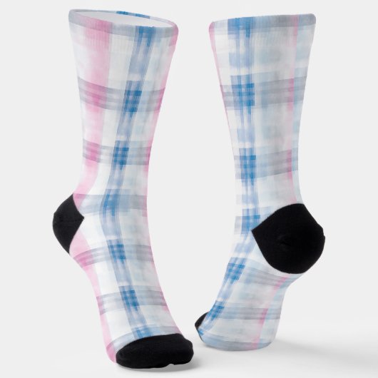 Pink Blue White Plaid Stripes Sokken (Gebogen)