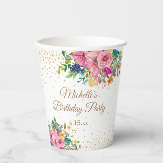 Pink Blue Yellow Floral Birthday Party Papieren Bekers (Voorkant)
