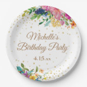 Pink Blue Yellow Floral Birthday Party Papieren Bordje (Voorkant)