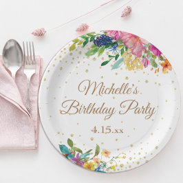 Pink Blue Yellow Floral Birthday Party Papieren Bordje