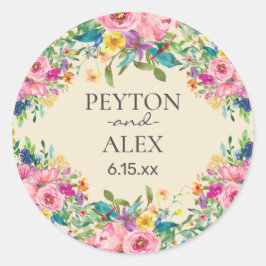 Pink Blue Yellow Floral Bride Groom Wedding Ronde Sticker