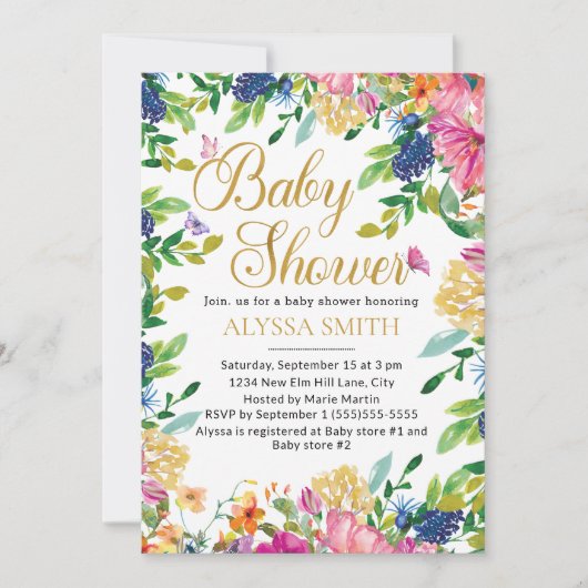 Pink Blue Yellow Floral Butterflies Baby Shower Kaart (Voorkant)