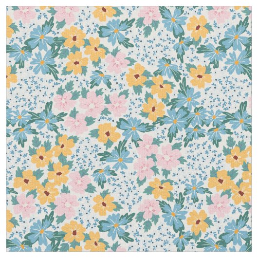 Pink Blue Yellow Flowers Floral Pattern Stof (Close Up)