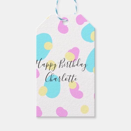 Pink blue yellowhappy birthday kids shapes abstrac cadeaulabel (Voorkant)