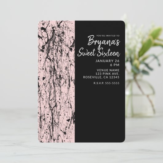 Pink Blush & Black Paint Sweet 16 ANY AGE Party Kaart (Staand voorkant)